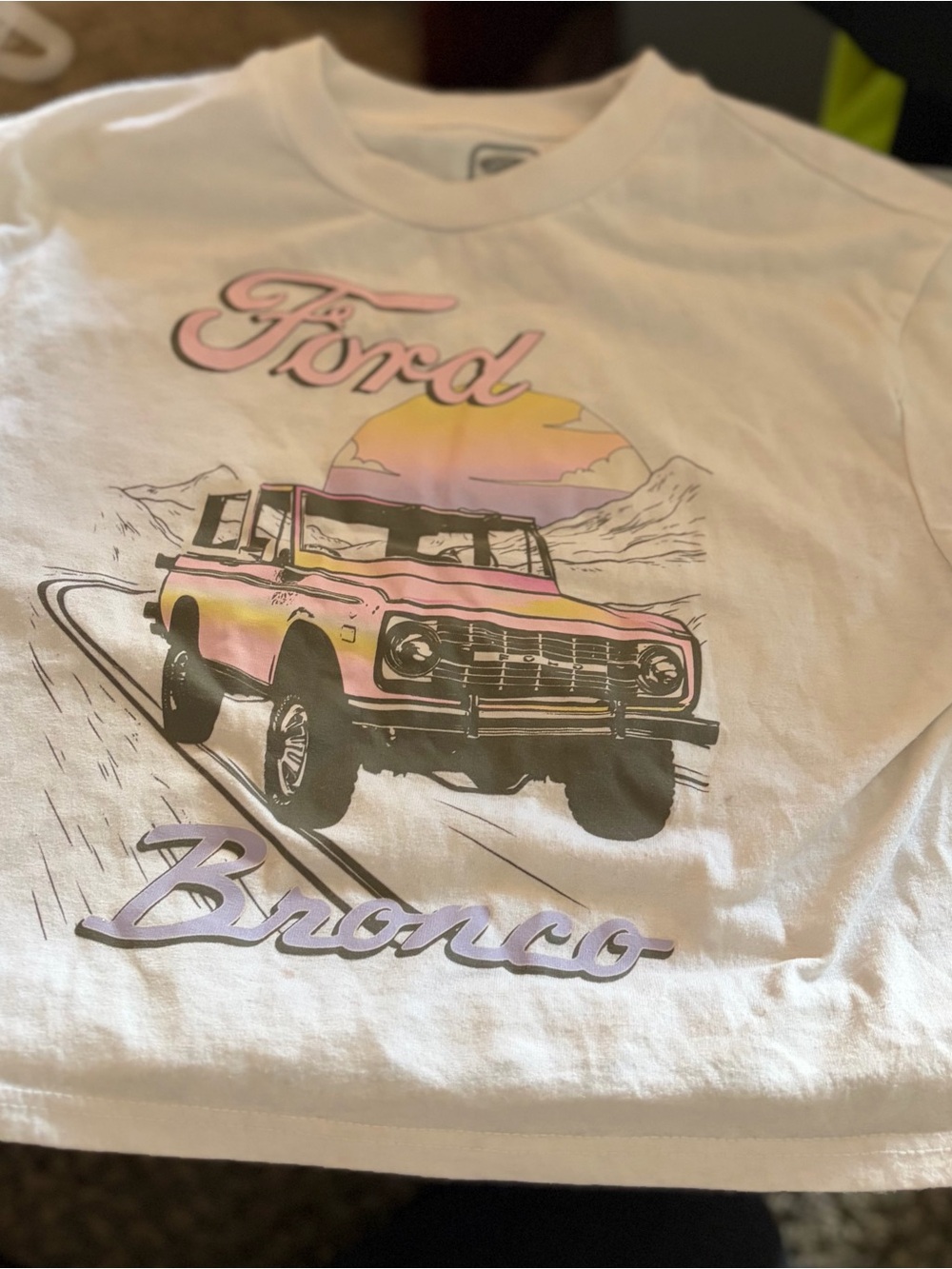 Ford White Tee with‎ Pink and Lavender Bronco Graphic